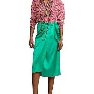 Ralph Lauren Danyelle Wrapped Stretch Silk Midi-Skirt Meadow/Green Size 6
